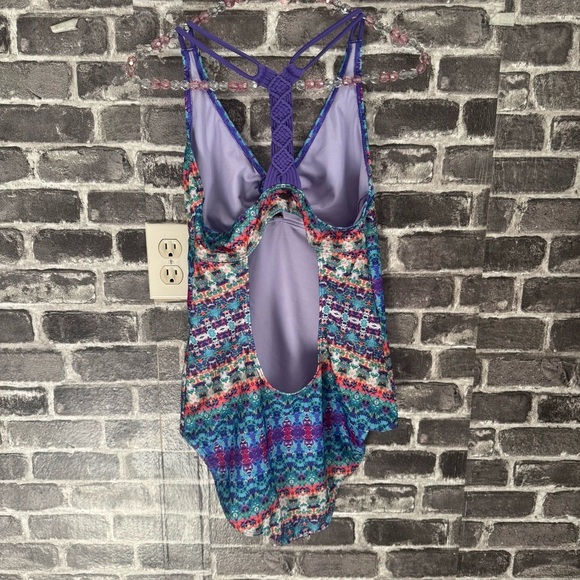PrAna One Piece Swimsuit INEZ Aquabloom Purple Macrame UPF 50 - Picture 9 of 15